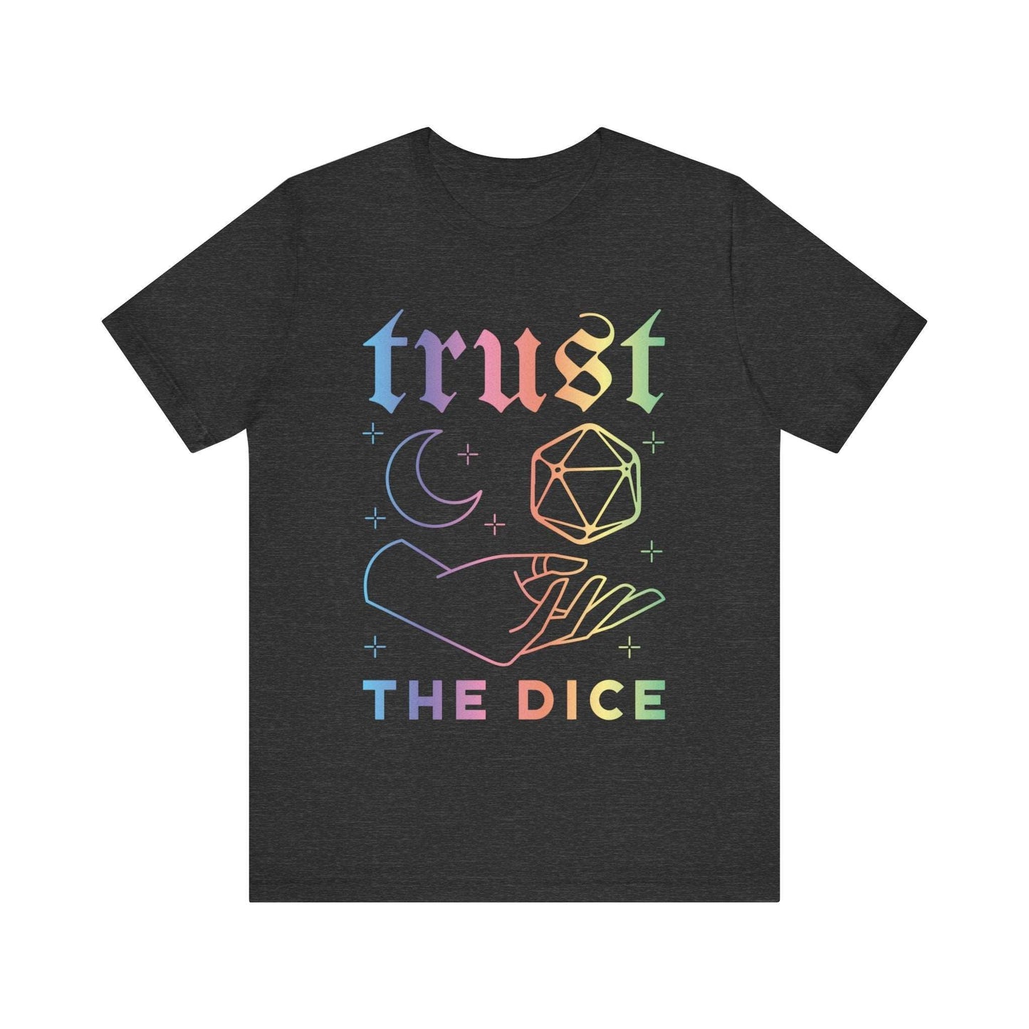 Trust The Dice T-Shirt - Celestial D&D Inspired Tee T-Shirt Dark Grey Heather / S
