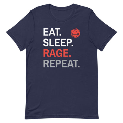 Barbarian Class T-Shirt – 'Eat, Sleep, Rage, Repeat' – Dungeons & Dragons Barbarian Apparel T-Shirt Navy / S