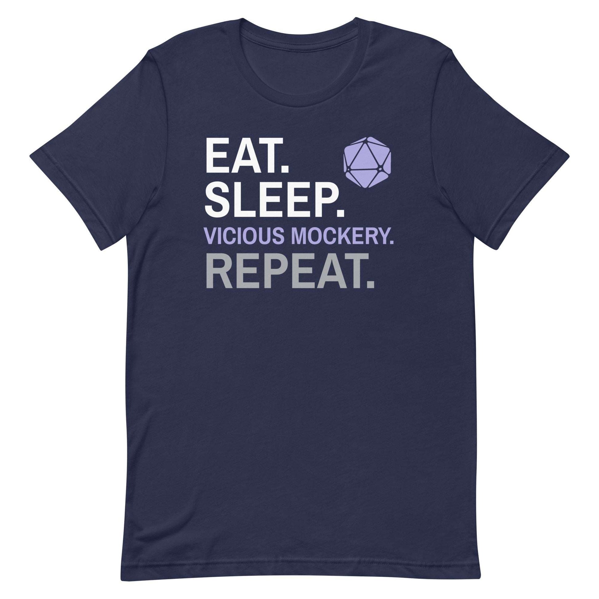 Bard Class T-Shirt – 'Eat, Sleep, Vicious Mockery, Repeat' – Dungeons & Dragons Bard Class Apparel T-Shirt Navy / S