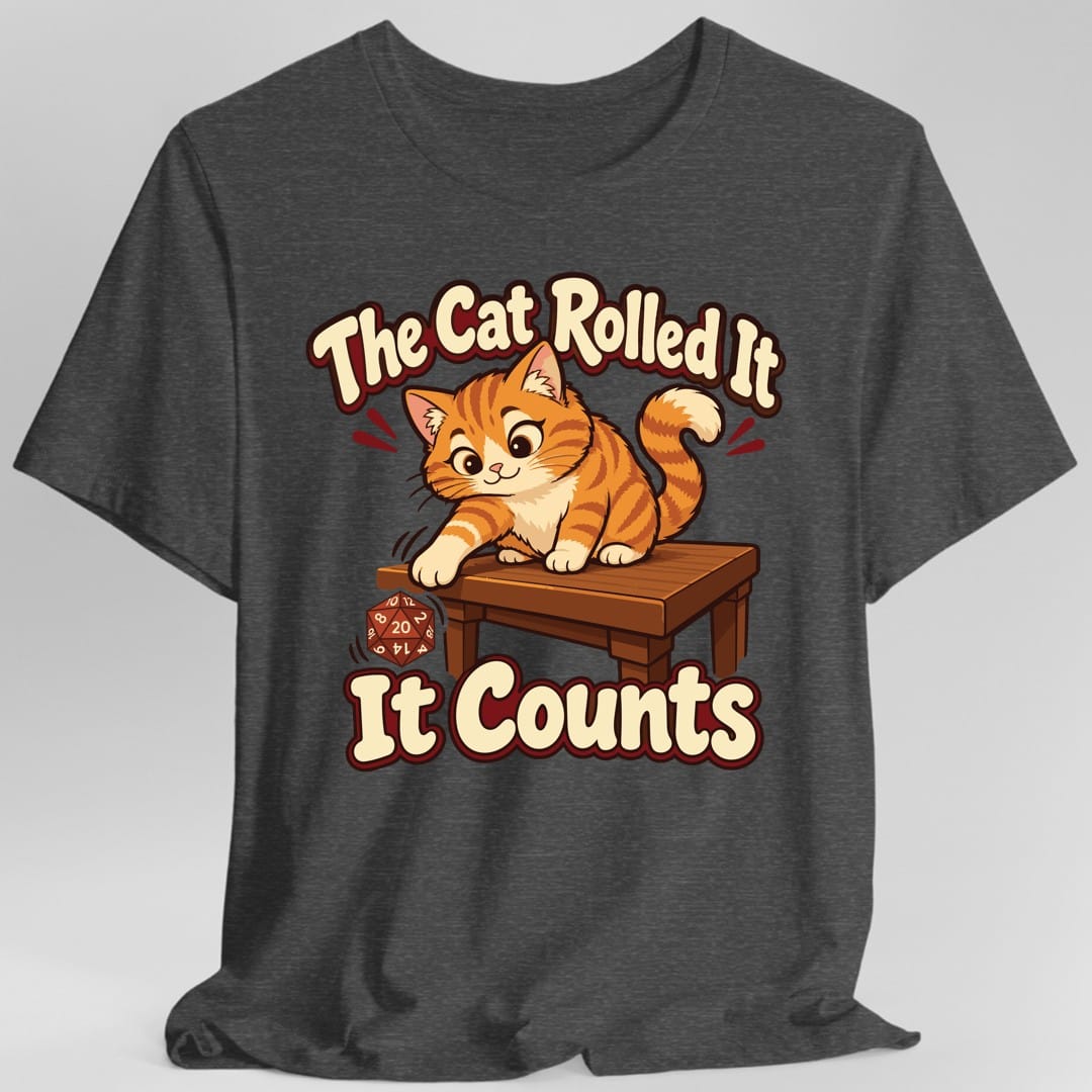 The same The Cat Rolled It tabby design, on a dark heather t-shirt.