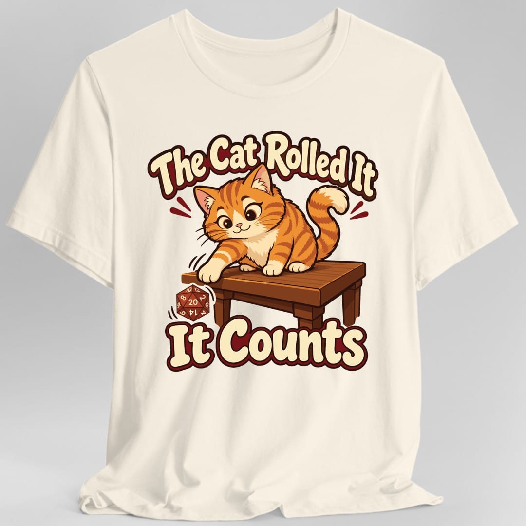 The same The Cat Rolled It tabby design, on a natural t-shirt.