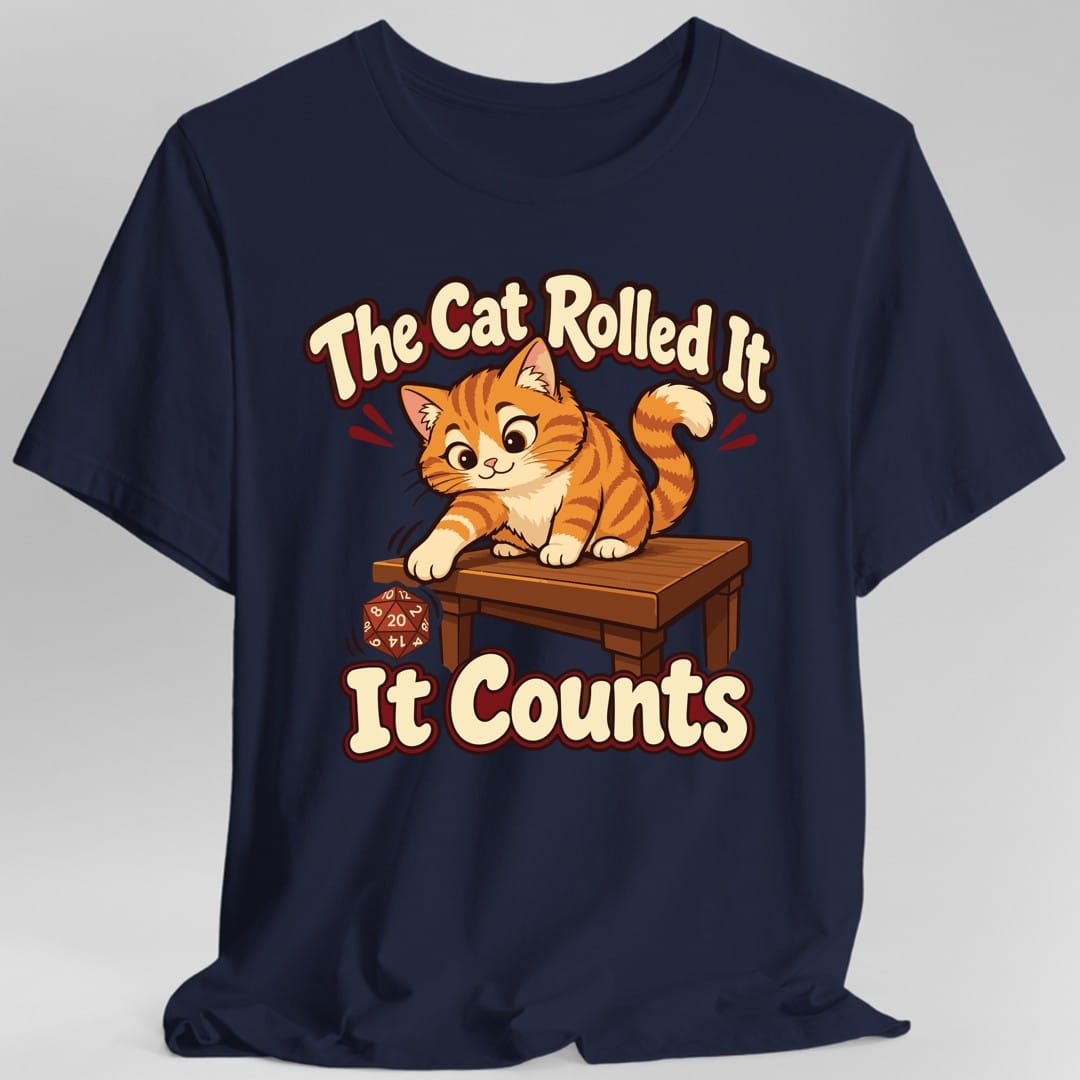 The same The Cat Rolled It tabby design, on a navy t-shirt.
