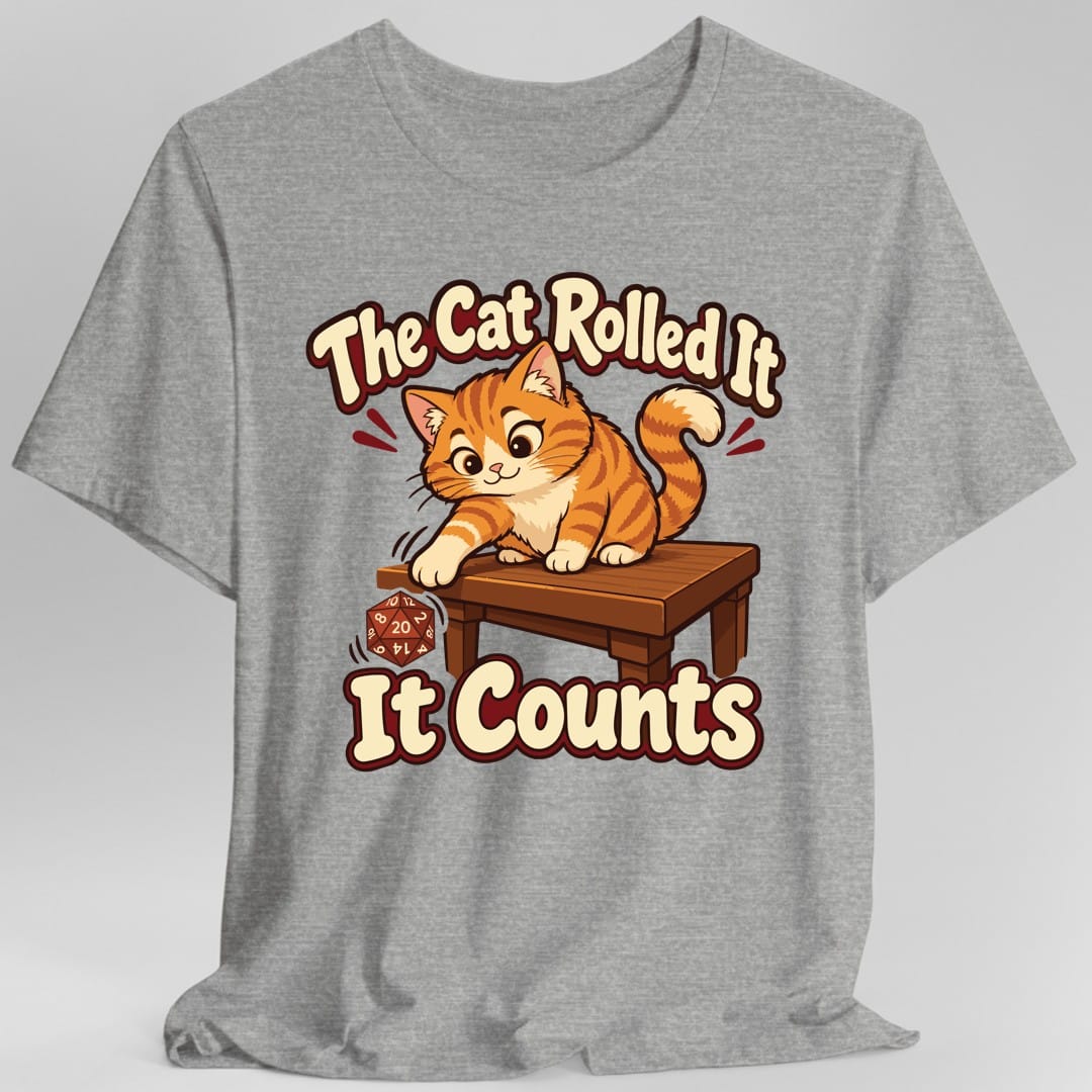 The same The Cat Rolled It tabby design, on a sport grey t-shirt.