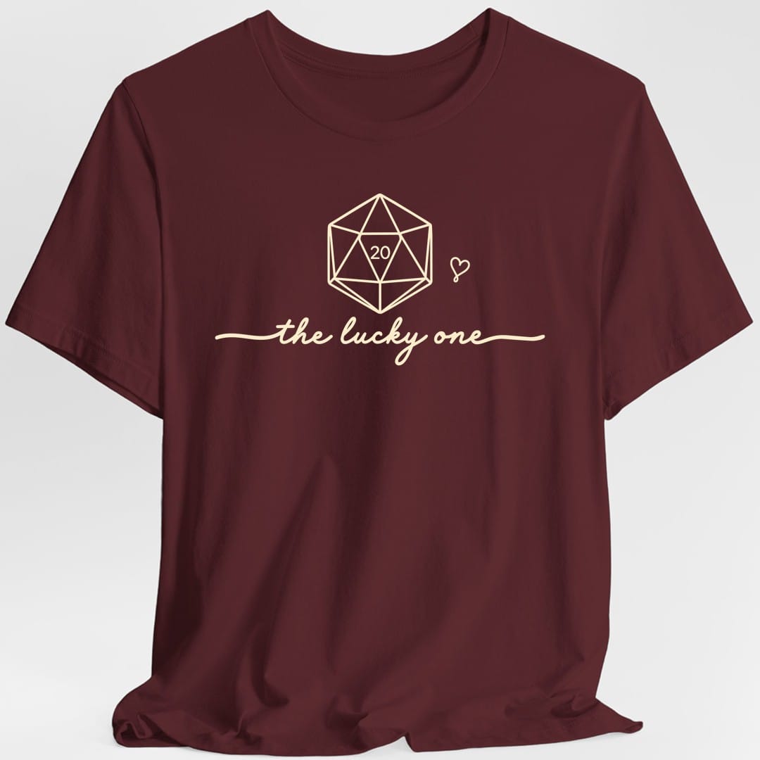 The same The Lucky One design, on a maroon t-shirt.