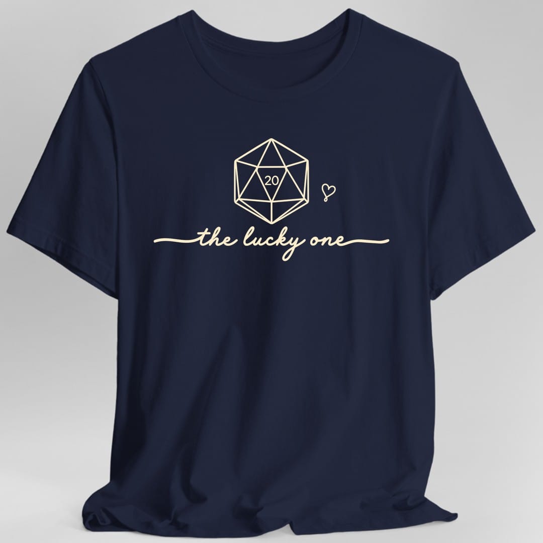 The same The Lucky One design, on a navy t-shirt.
