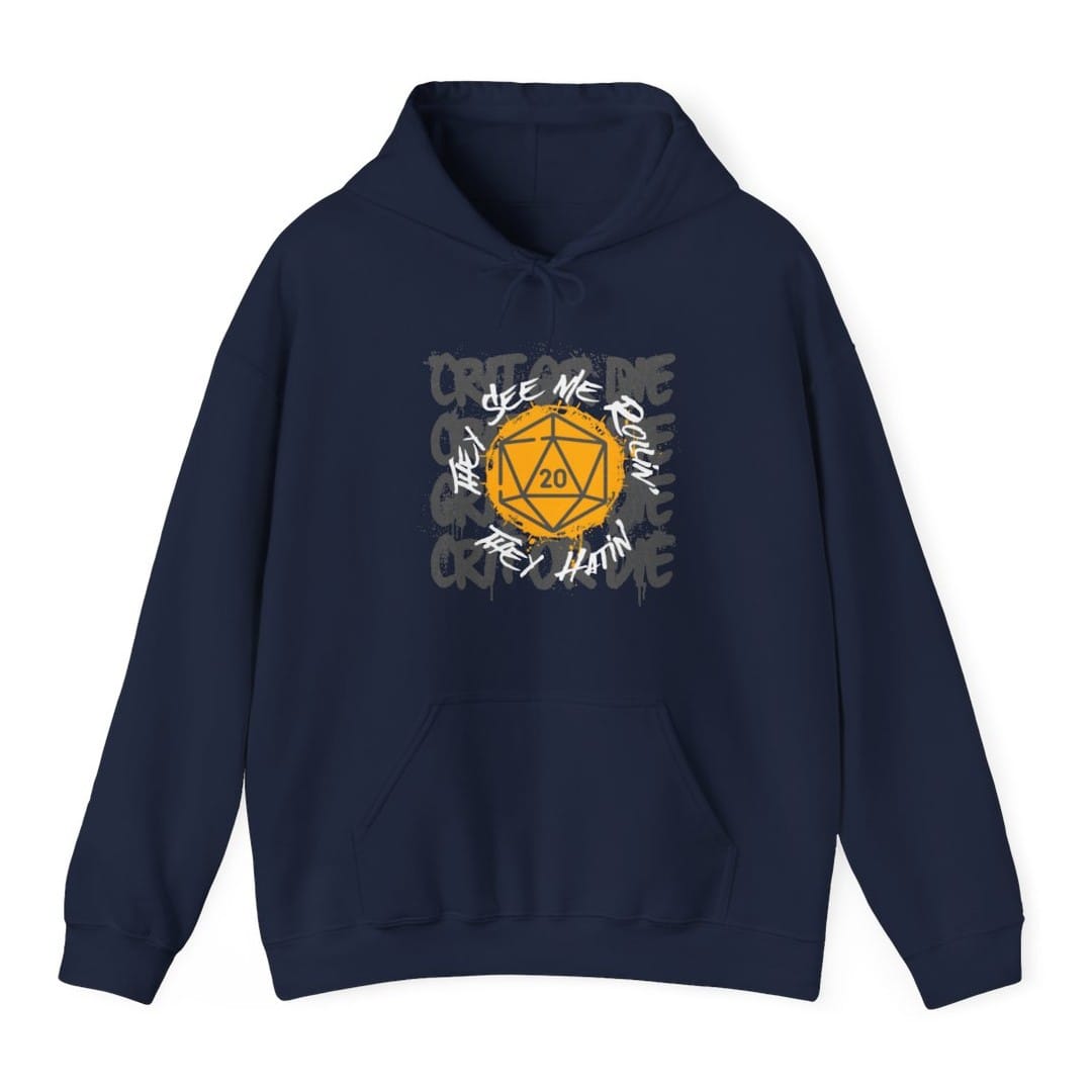 The same They See Me Rollin, graffiti design, on a navy hoodie.