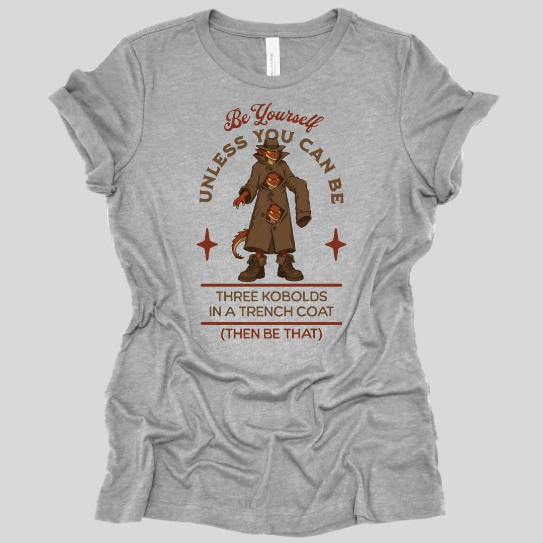 The same Three Kobolds in a Trench Coat design, on an athletic heather women's t-shirt.
