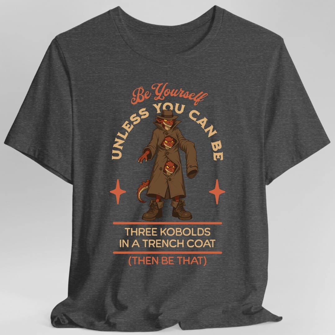 The same Three Kobolds in a Trench Coat design, on a dark heather t-shirt.