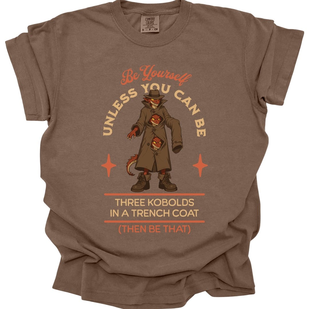 The same Three Kobolds in a Trench Coat design, on an espresso t-shirt.