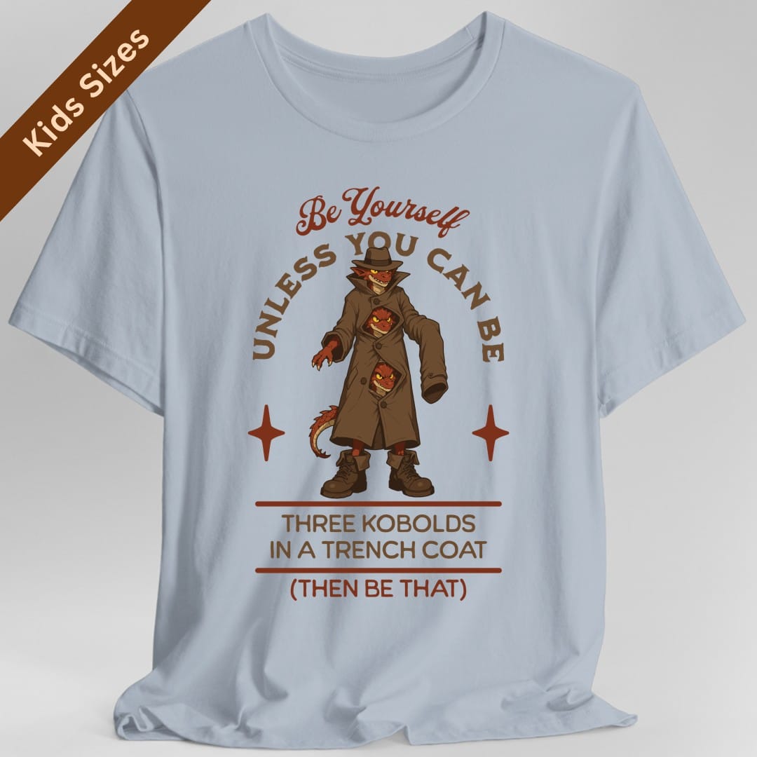 The same Three Kobolds in a Trench Coat design, on a light blue kids t-shirt.