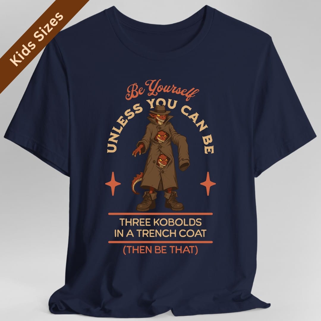 The same Three Kobolds in a Trench Coat design, on a navy kids t-shirt.
