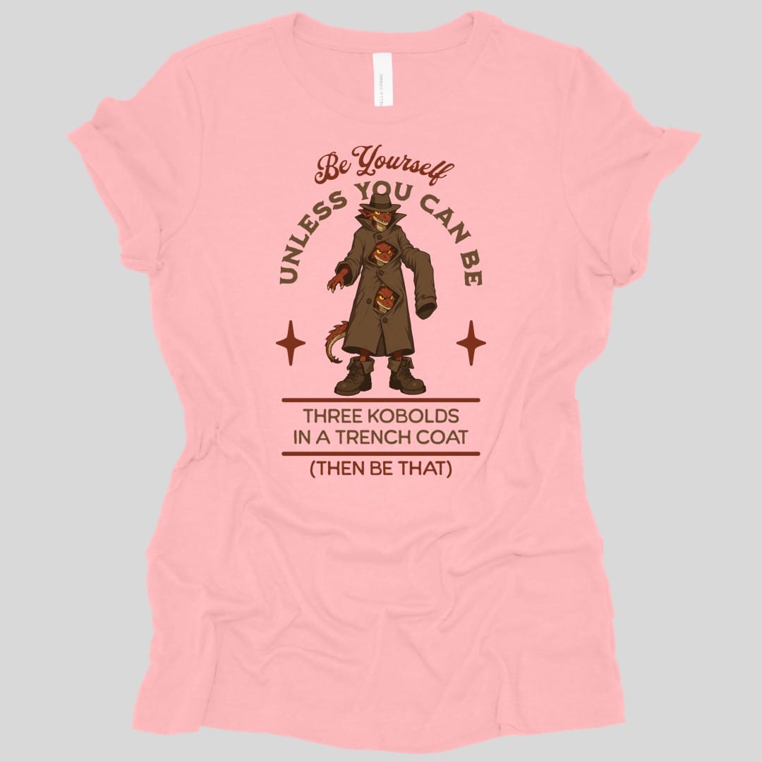 The same Three Kobolds in a Trench Coat design, on a pink women's t-shirt.
