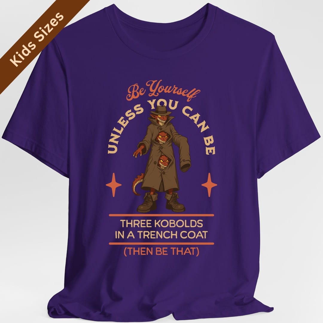 The same Three Kobolds in a Trench Coat design, on a purple kids t-shirt.