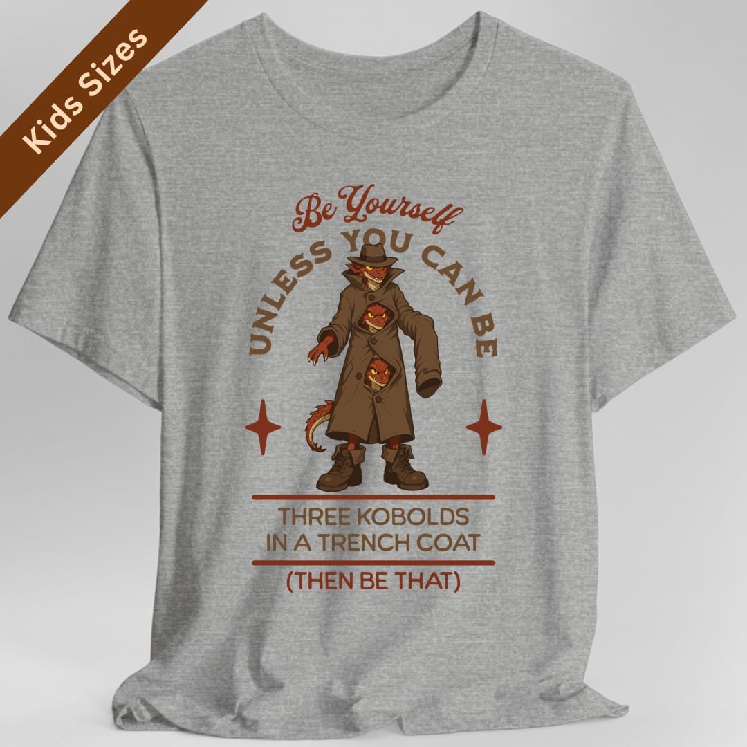 The same Three Kobolds in a Trench Coat design, on a sport grey kids t-shirt.