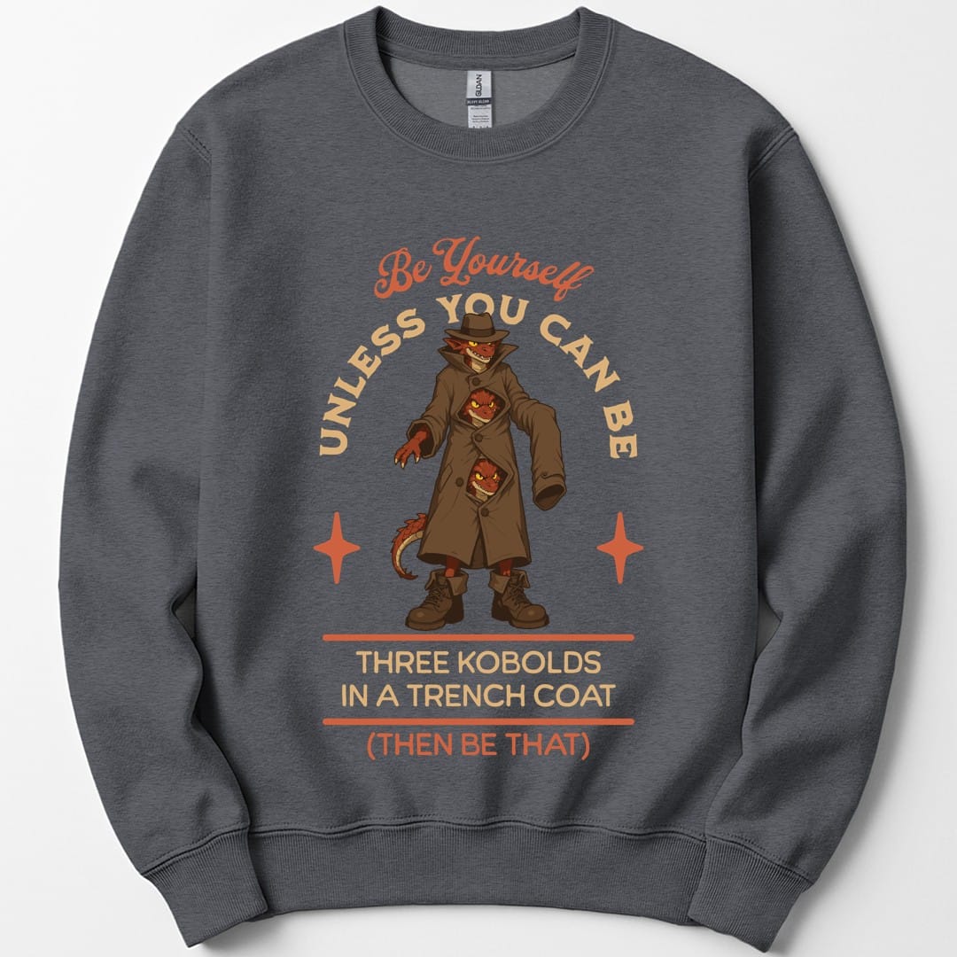 The same Three Kobolds in a Trench Coat design, on a dark heather sweatshirt.
