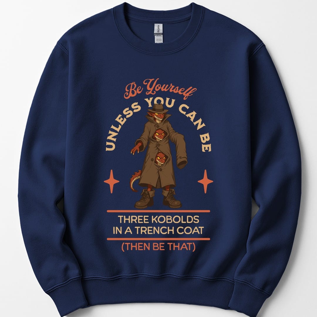 The same Three Kobolds in a Trench Coat design, on a navy sweatshirt.