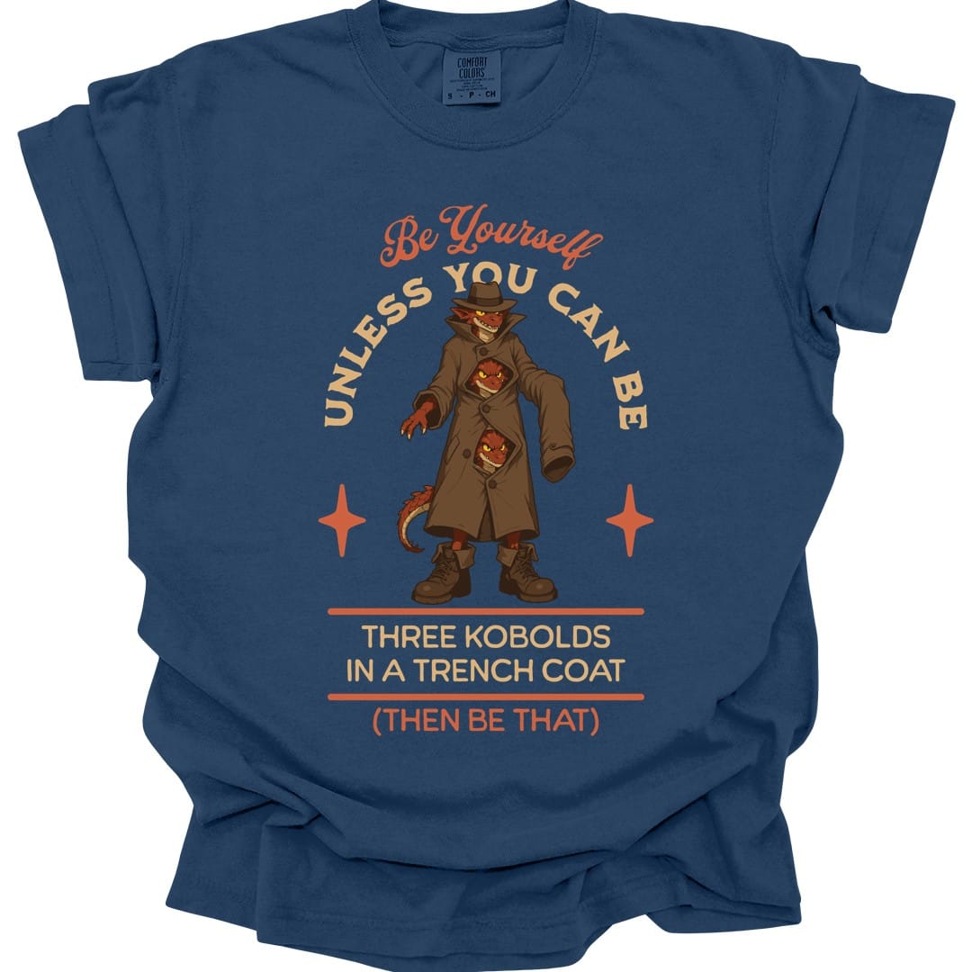 The same Three Kobolds in a Trench Coat design, on a true navy t-shirt.