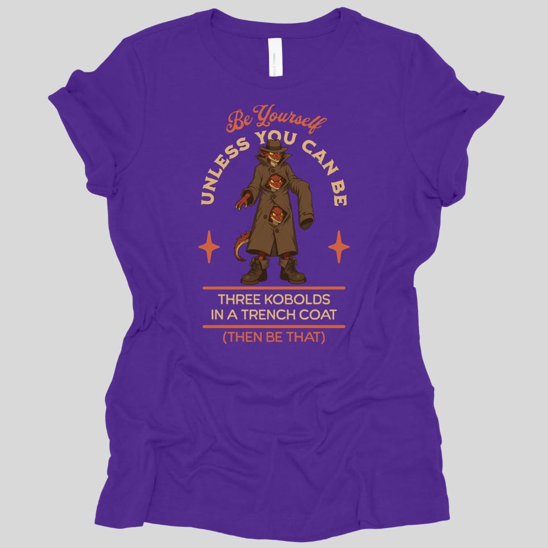 The same Three Kobolds in a Trench Coat design, on a team purple women's t-shirt.