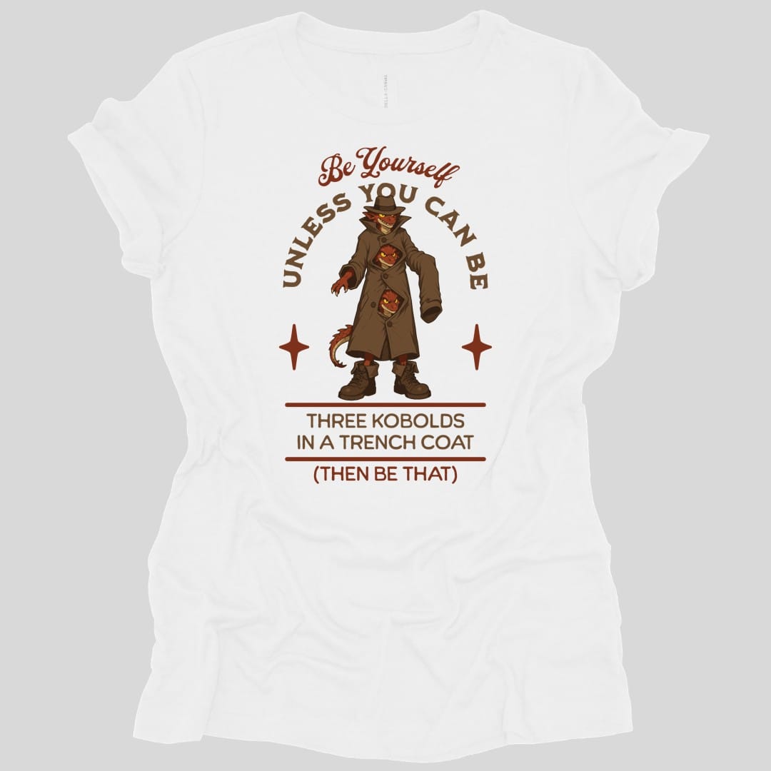 The same Three Kobolds in a Trench Coat design, on a white women's t-shirt.