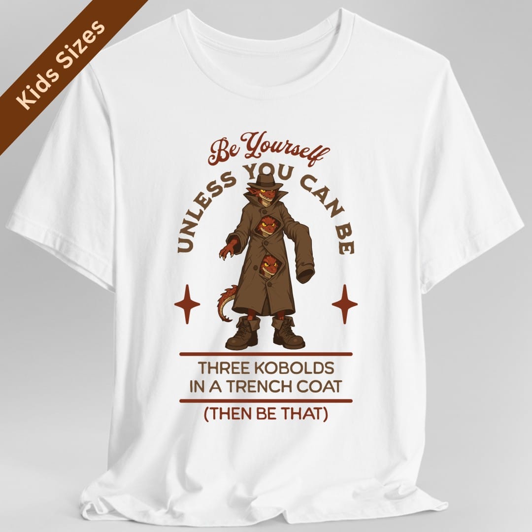 The same Three Kobolds in a Trench Coat design, on a white kids t-shirt.