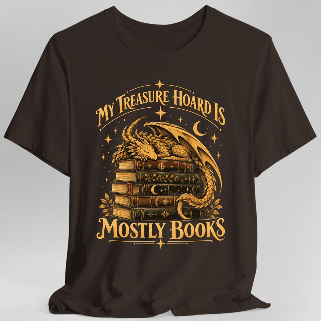 The same Treasure Hoard Mostly Books dragon design, on a dark chocolate t-shirt.