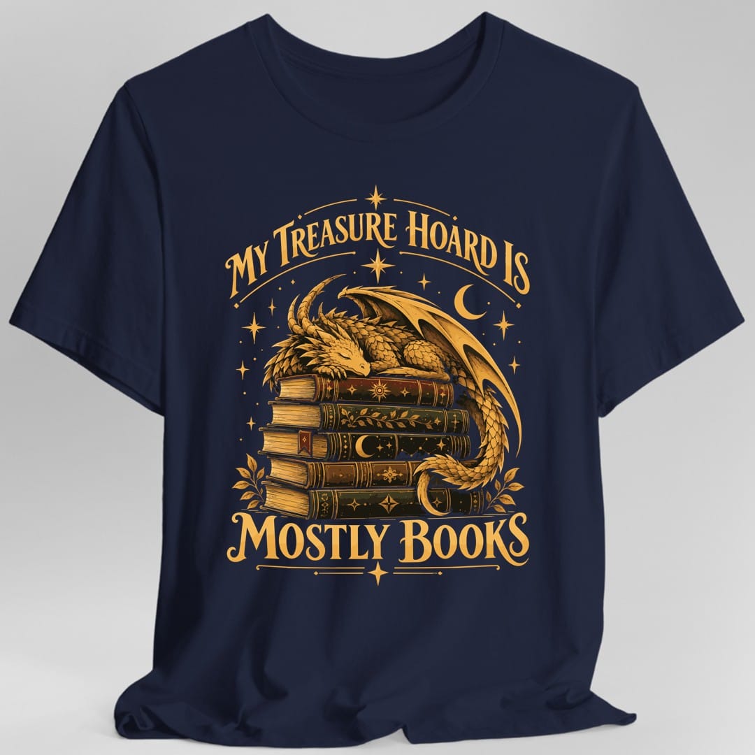 The same Treasure Hoard Mostly Books dragon design, on a navy t-shirt.