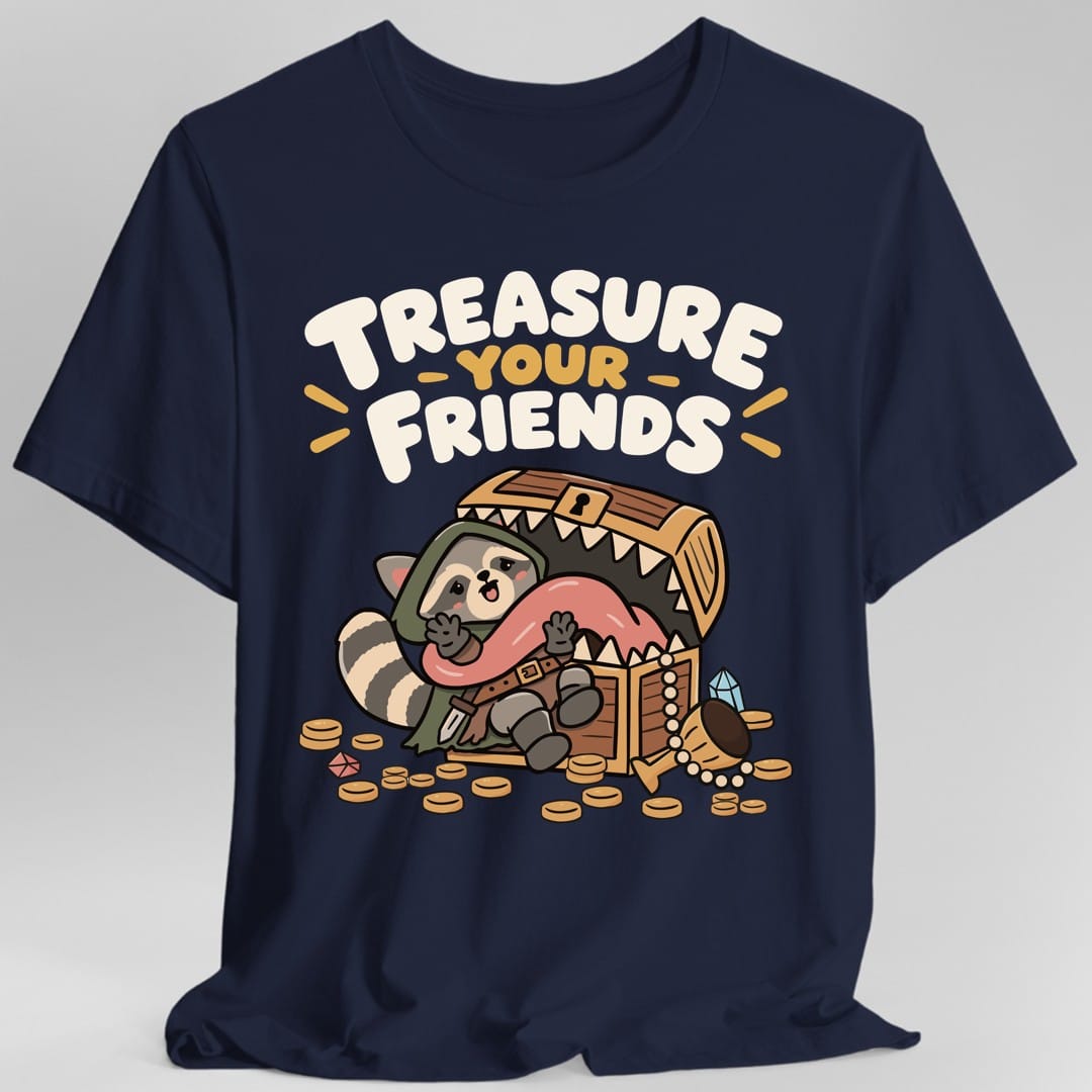 The same Treasure Your Friends raccoon and mimic design, on a navy t-shirt.