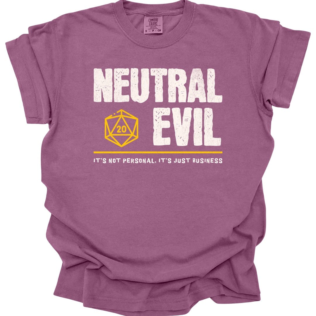 The same Neutral Evil alignment design, on a berry t-shirt.