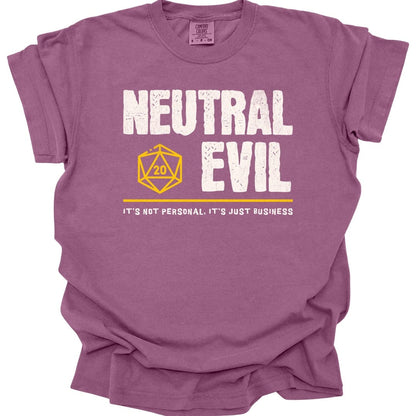 The same Neutral Evil alignment design, on a berry t-shirt.