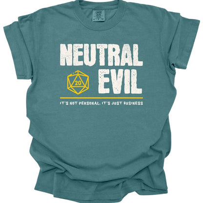 The same Neutral Evil alignment design, on a blue spruce t-shirt.