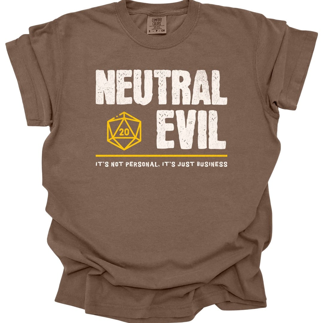 The same Neutral Evil alignment design, on an espresso t-shirt.