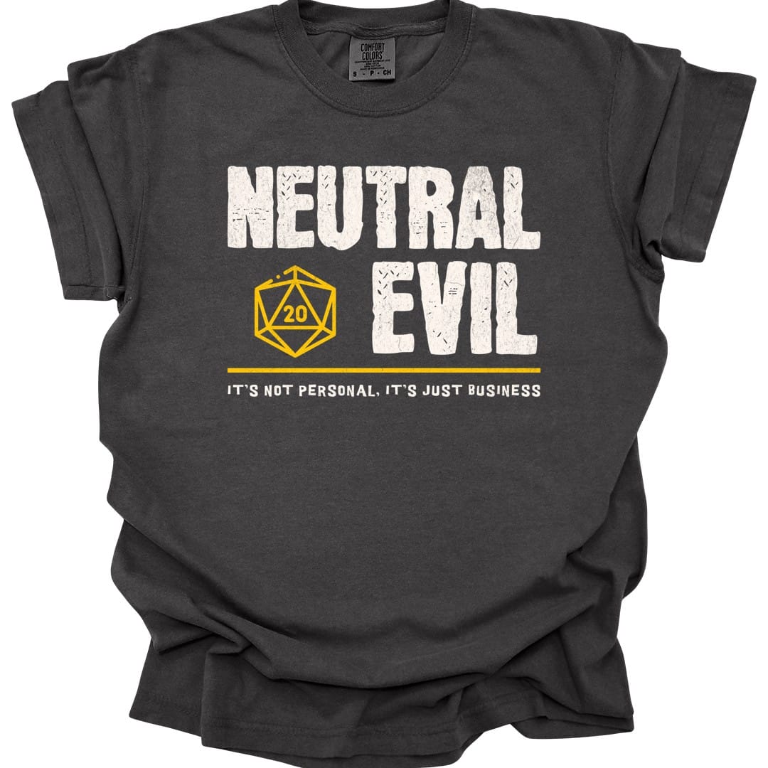 The same Neutral Evil alignment design, on a pepper t-shirt.