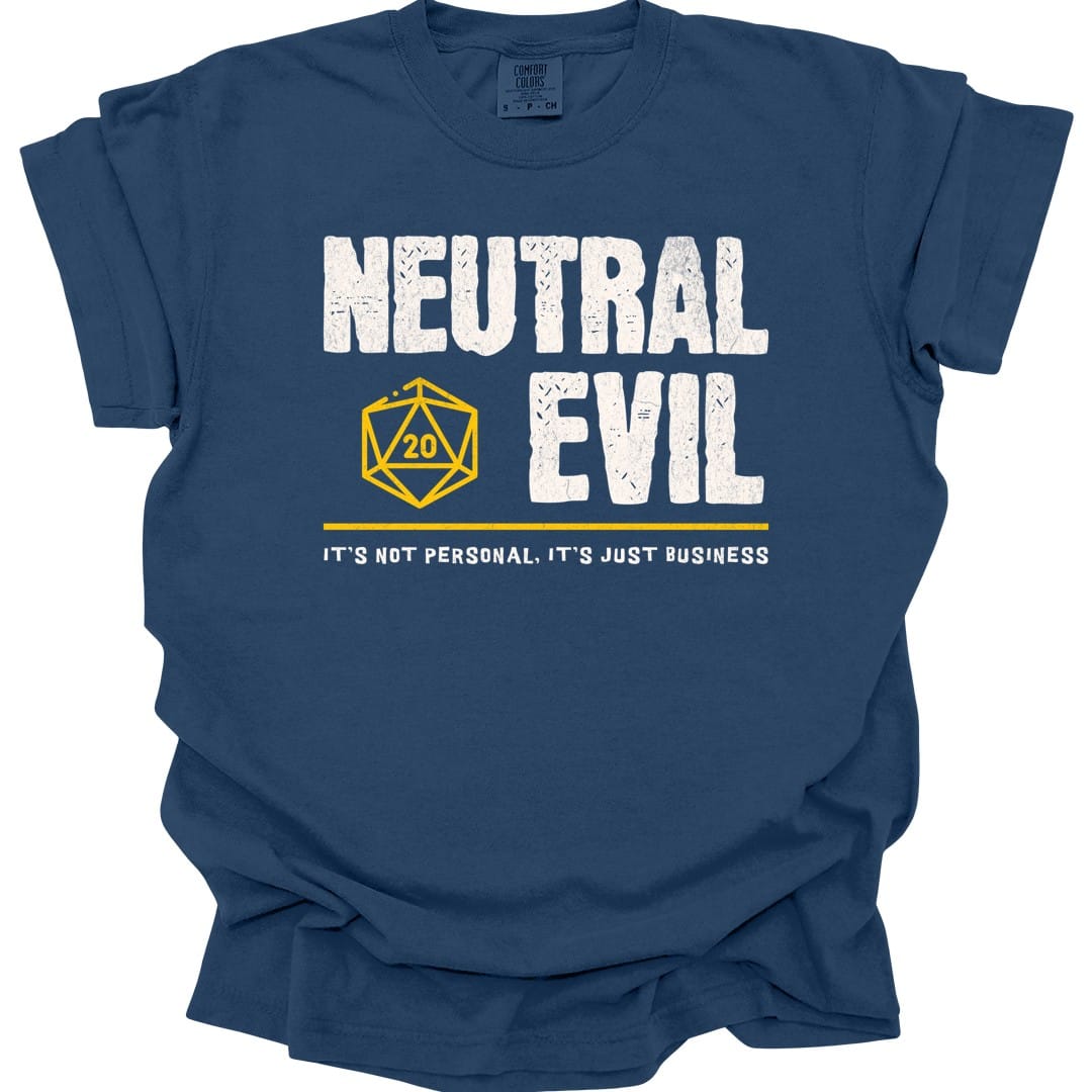 The same Neutral Evil alignment design, on a true navy t-shirt.