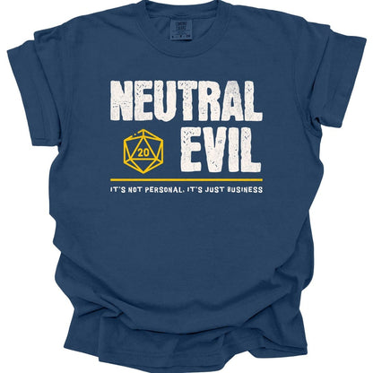 The same Neutral Evil alignment design, on a true navy t-shirt.