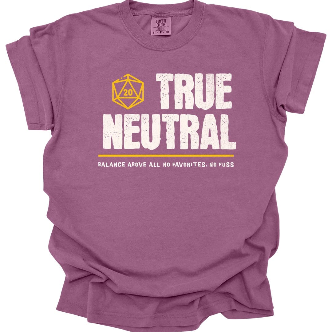 The same True Neutral alignment design, on a berry t-shirt.