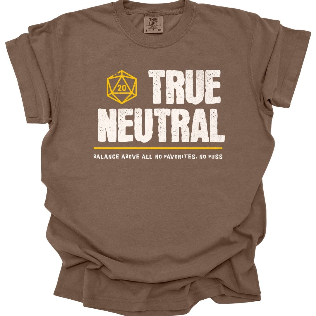 The same True Neutral alignment design, on an espresso t-shirt.