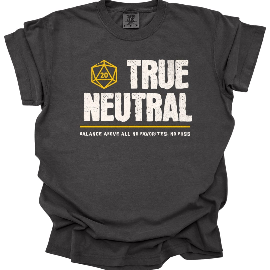The same True Neutral alignment design, on a pepper t-shirt.