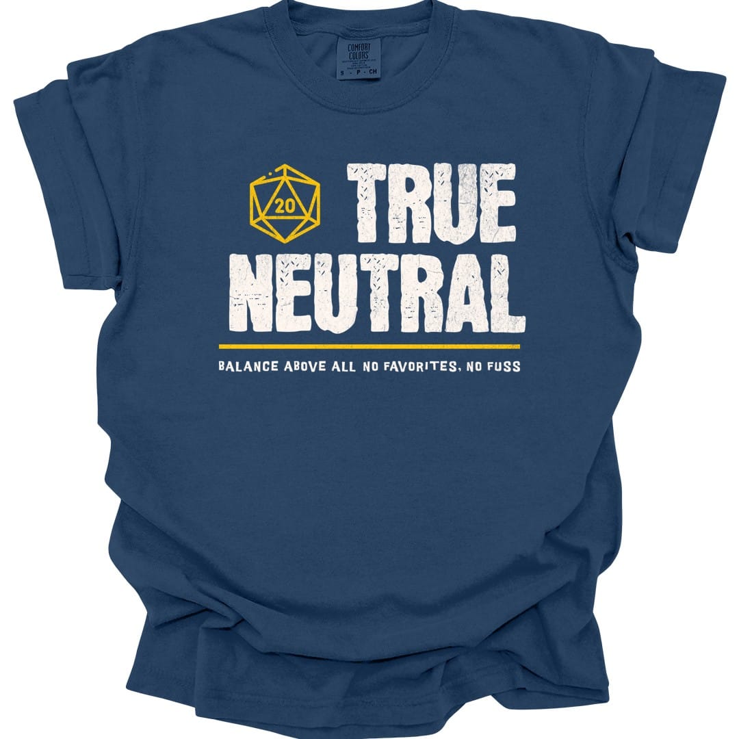 The same True Neutral alignment design, on a true navy t-shirt.