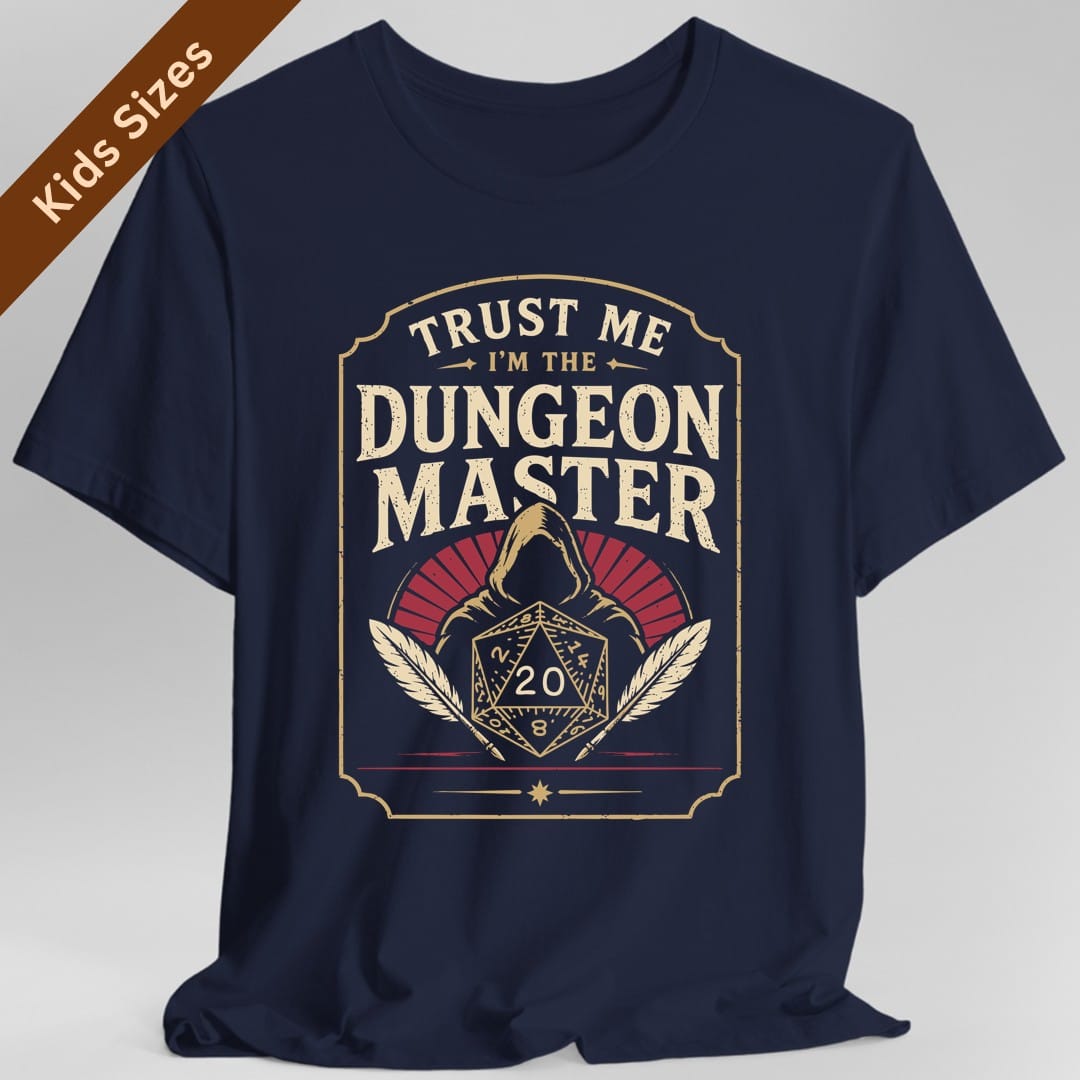 The same Trust Me I'm The Dungeon Master design, on a navy kids t-shirt.