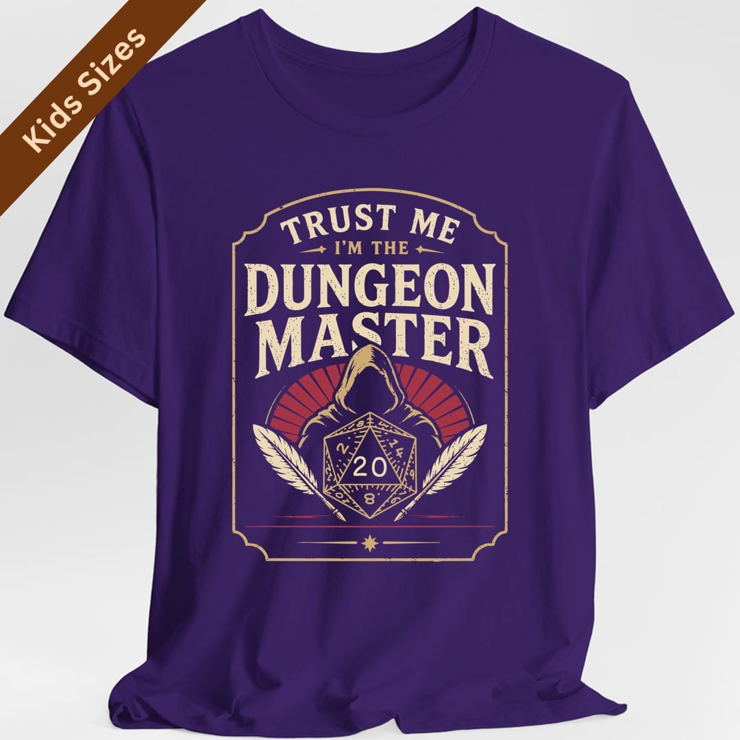 The same Trust Me I'm The Dungeon Master design, on a purple kids t-shirt.