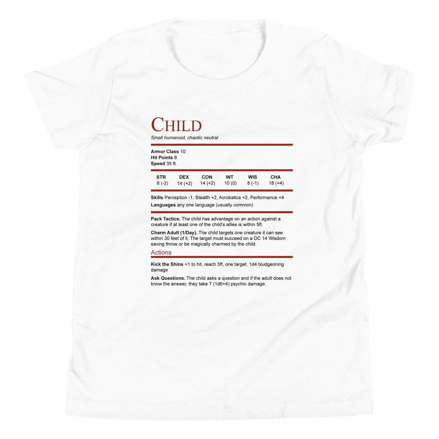 DnD Child Kids Stat Block Shirt - Dungeons & Dragons Kids Tee Tshirt White / S