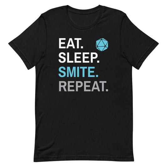 Dungeons & Dragons paladin t-shirt with 'Eat, Sleep, Smite, Repeat' phrase.