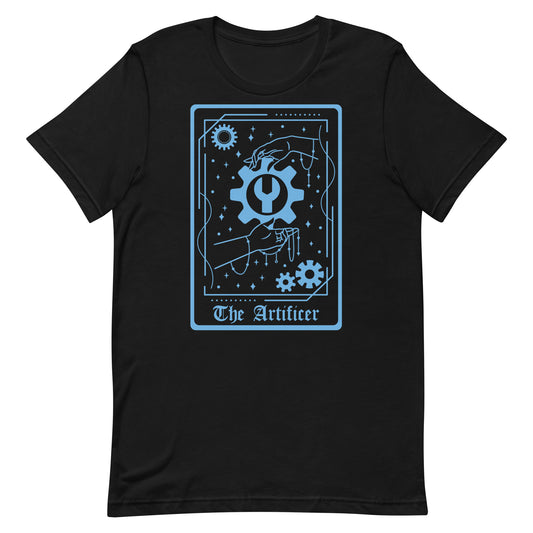 Dungeons & Dragons 'The Artificer' tarot card t-shirt featuring mechanical and magical symbols in blue on black