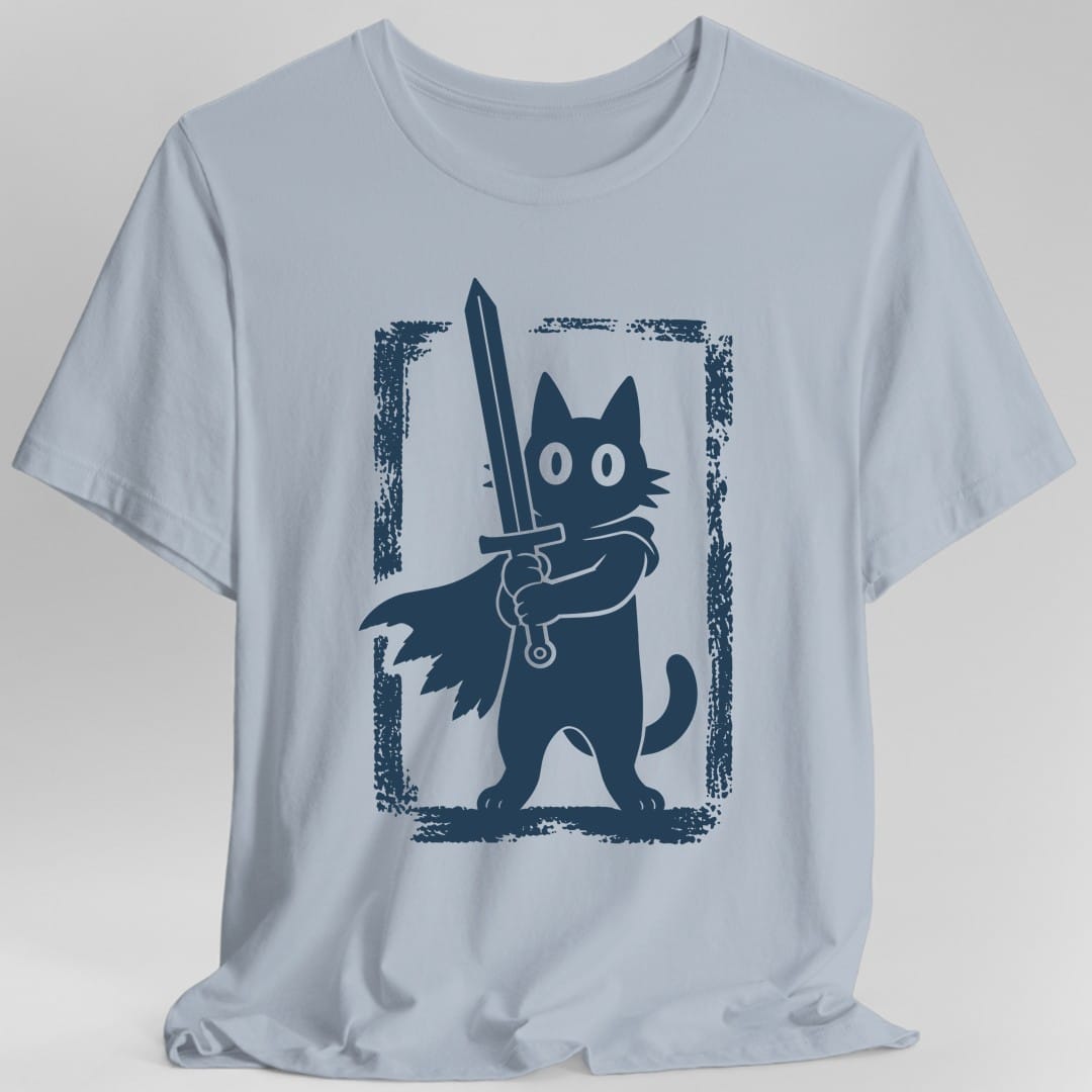 The same Warrior Cat design, on a light blue t-shirt.