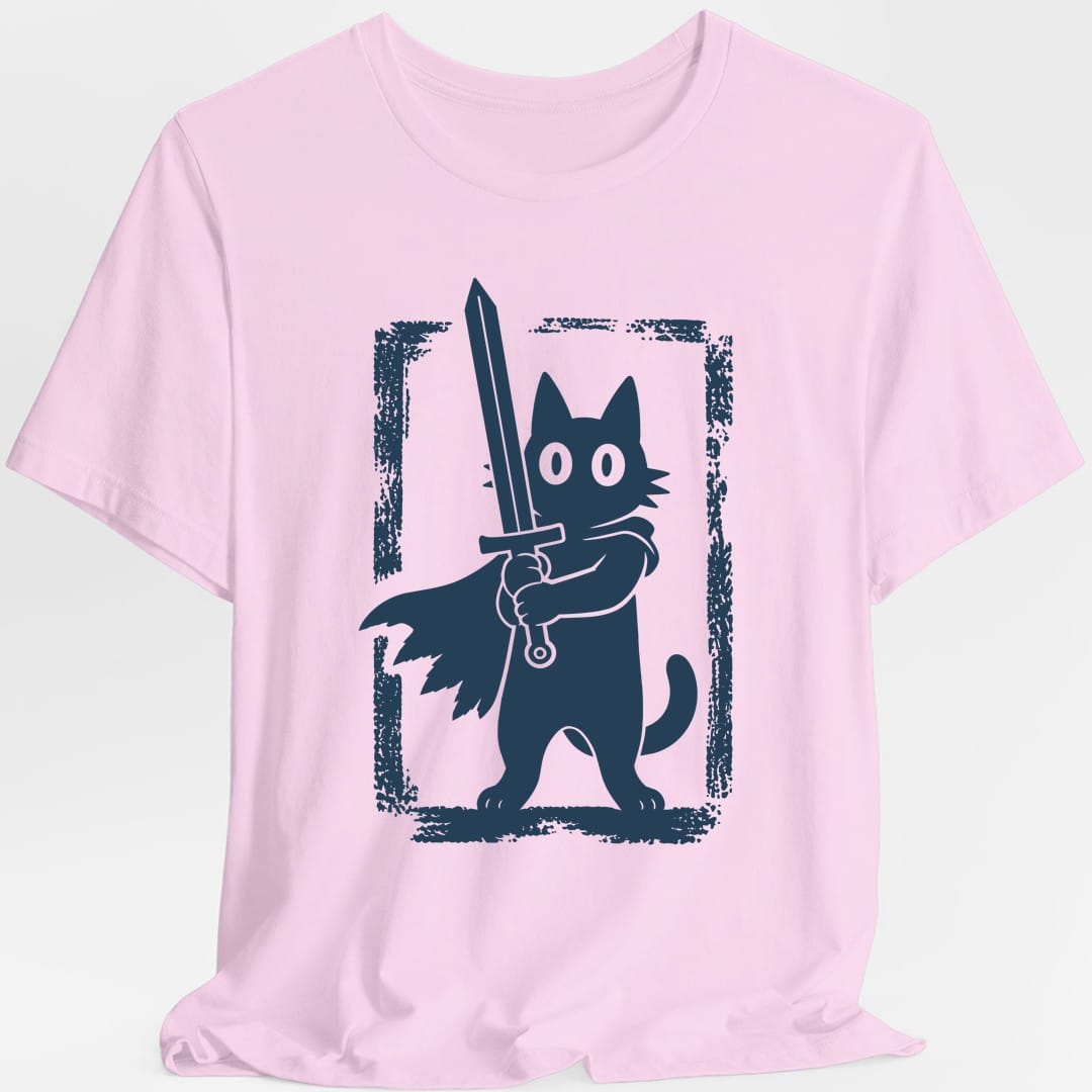 The same Warrior Cat design, on a light pink t-shirt.