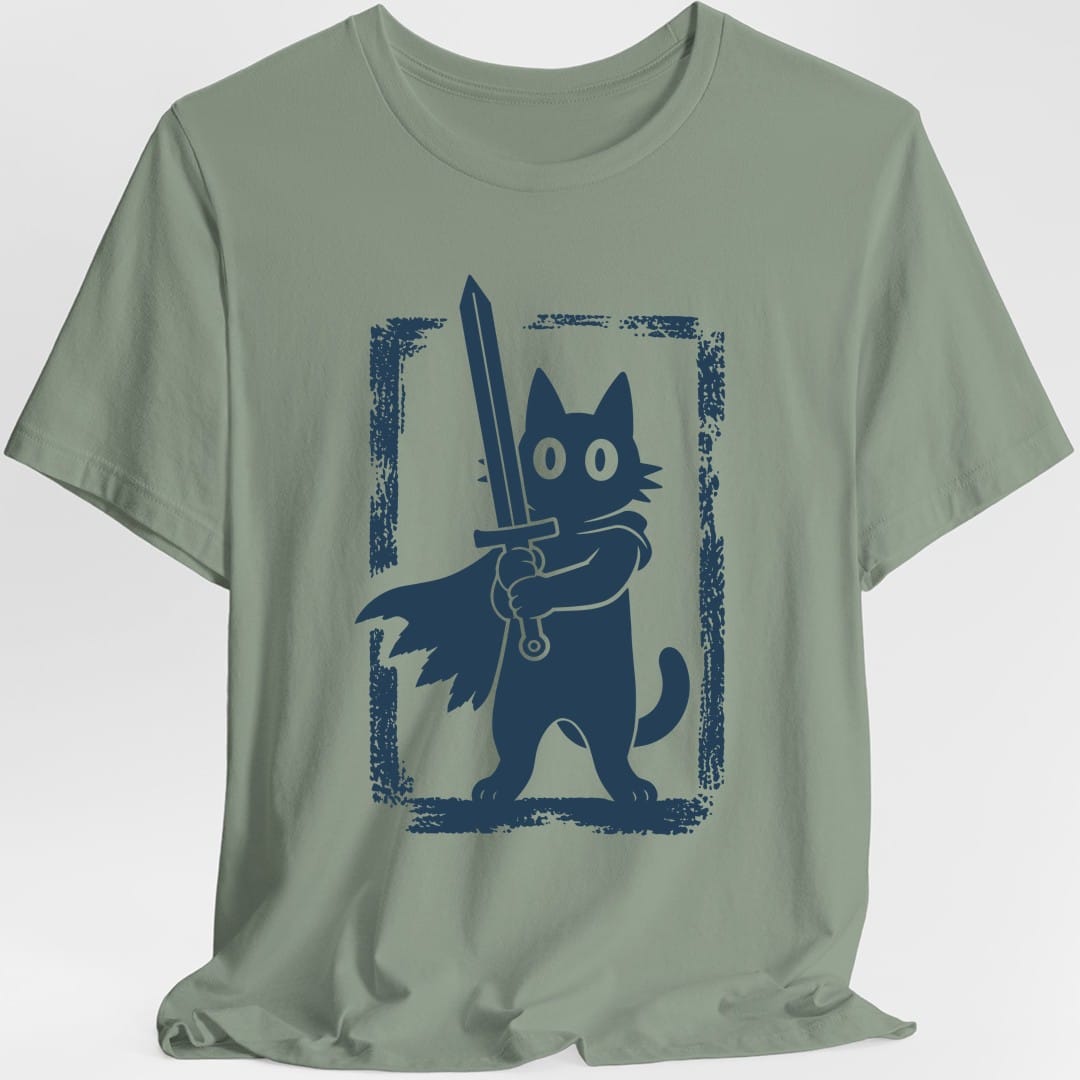 The same Warrior Cat design, on a sage t-shirt.