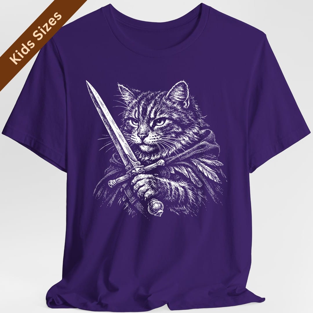 The same Warrior Cat design, on a purple kids t-shirt.