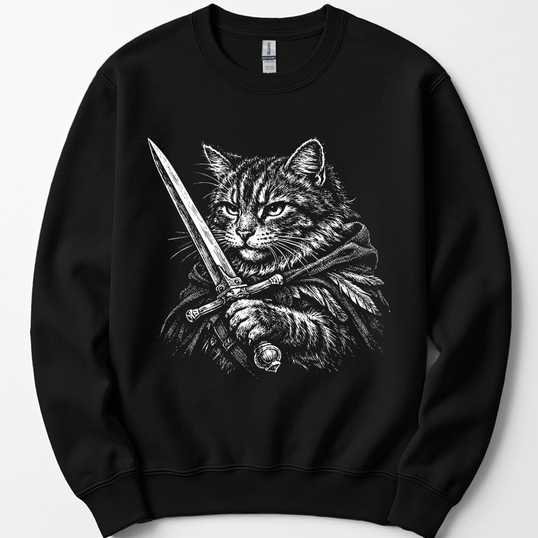 Black sweatshirt. A long-haired cat glares straight ahead, holding a sword upright in front of it with both paws, blade pointing to the sky. Drawn in fine engraved cross-hatching, all in white on a plain background. No words.