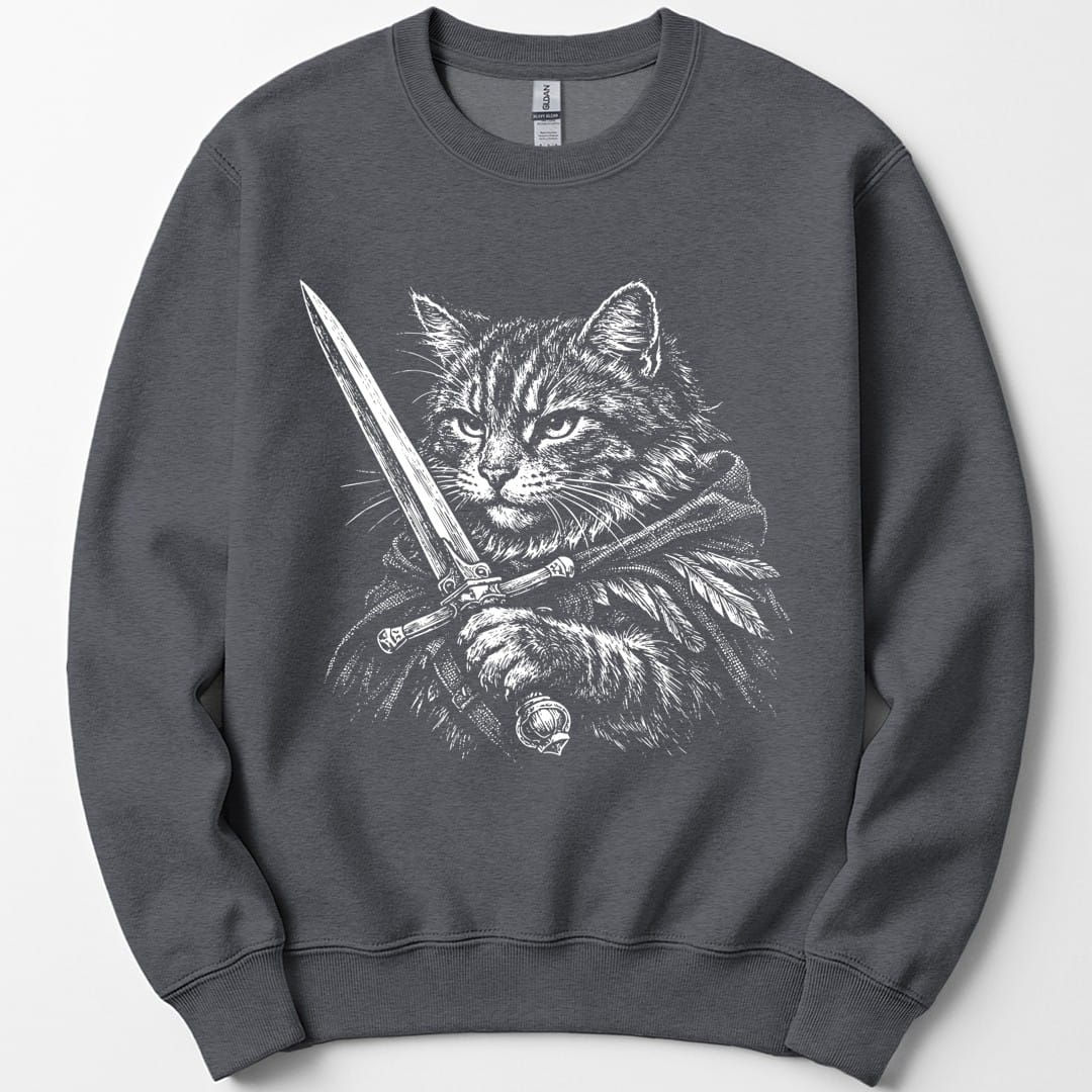 The same Warrior Cat design, on a dark heather sweatshirt.