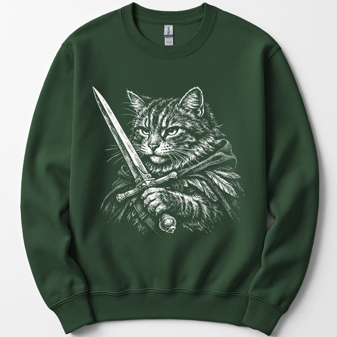 The same Warrior Cat design, on a forest green sweatshirt.